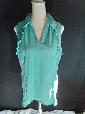 ARYEH Sleeveless Ruffle Polo Top in Aqua